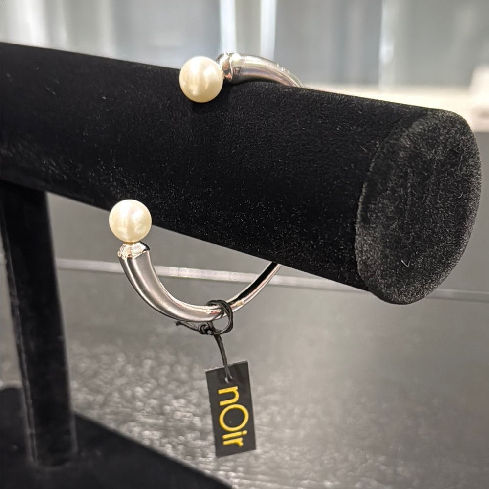 Rhodium Plated Floating Pearl Open Cuff Bracelet